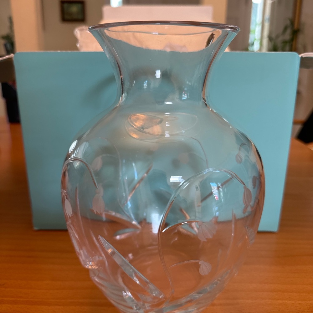 Tiffany & Co. Clear Glass Vase with Etched Floral Design